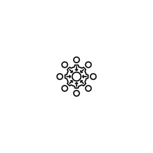 A simplified icon representing a network or organizational structure with a central circle connected to surrounding circles by arrows.