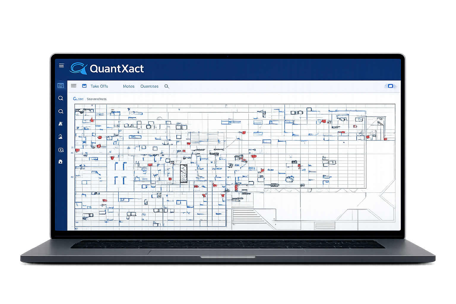 A laptop displaying a take-off completed using QuantXact on the screen, with the interface showing navigation icons and menu options.