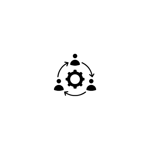 Icon of three people around a gear with arrows indicating a cycle or process.