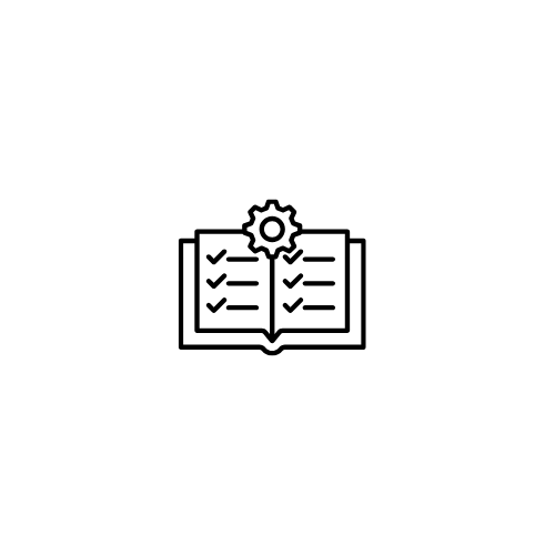 Icon of an open book with checkmarks on the pages and a gear above it.