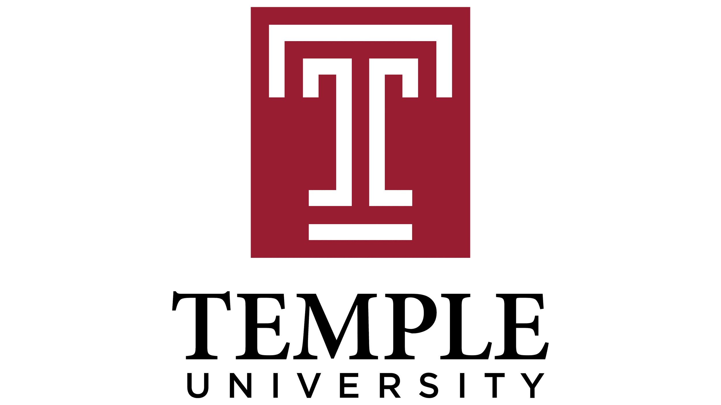 Temple University logo featuring a stylized letter T in white on a maroon background, with the text "Temple University" below in black.
