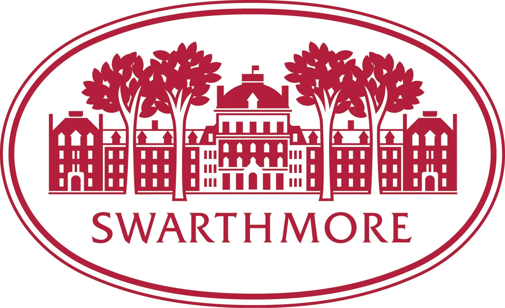 Illustration of a large historic building with trees and the word 'Swarthmore' underneath.