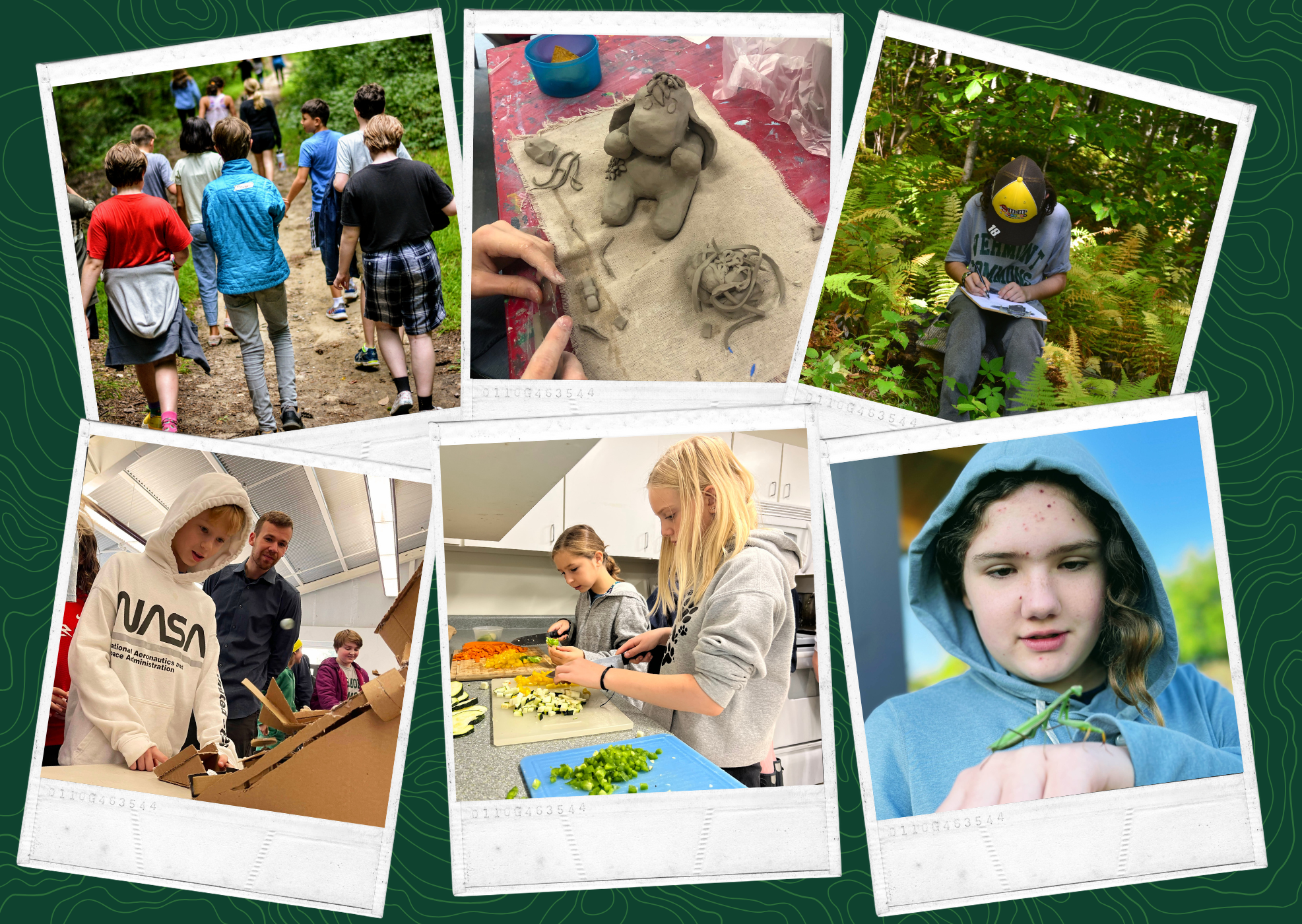 Collage of six photos showing children and teenagers involved in outdoor activities like hiking, crafting with clay, studying in the woods, exploring with a scientist, cooking in a kitchen, and observing a grasshopper.