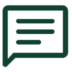 A green icon of a speech or chat bubble with text lines inside.