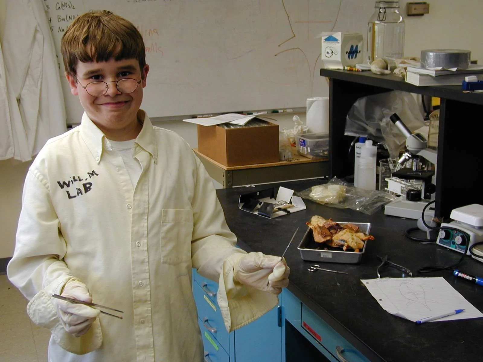 Young student wearing a lab coat and gloves, holding surgical instruments in a science laboratory with lab equipment and a skeleton diagram on the whiteboard.