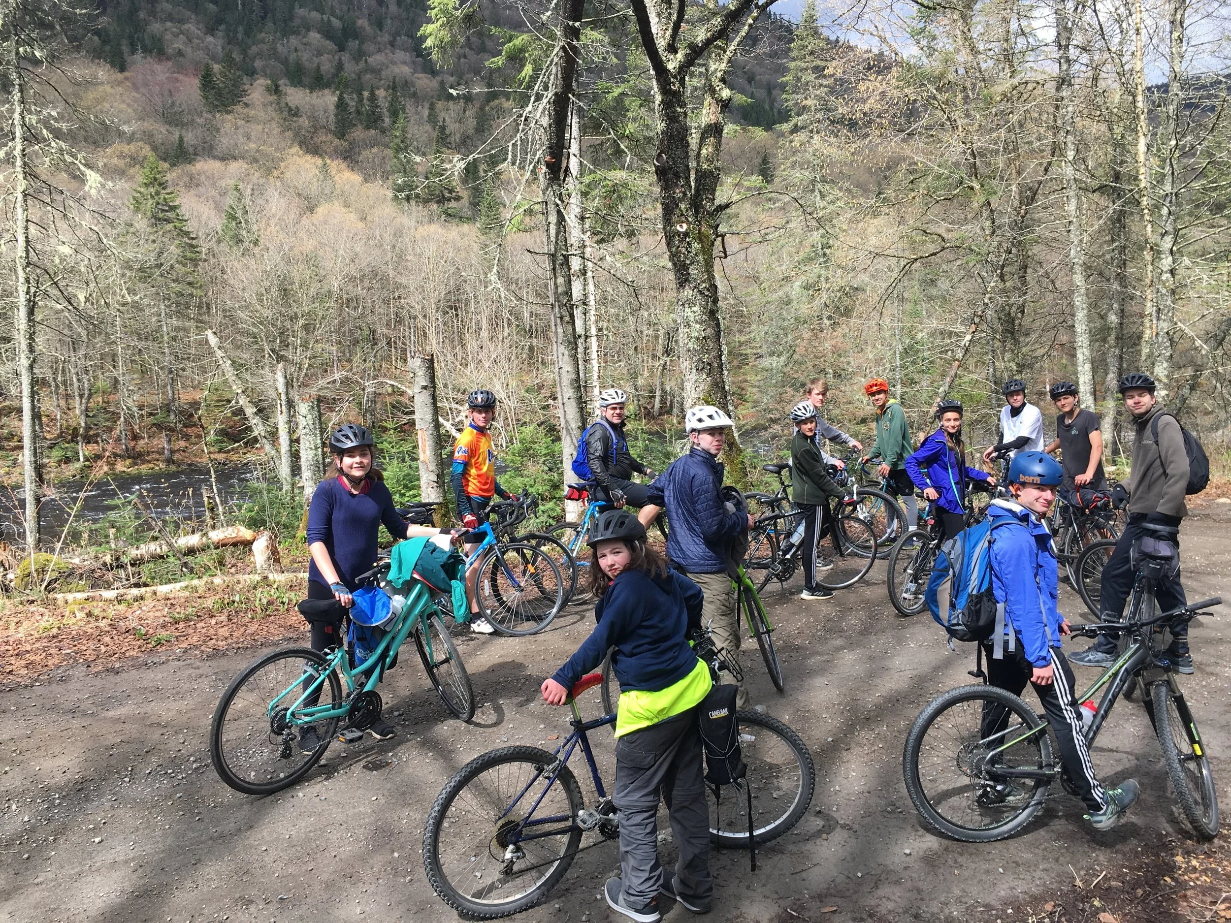 A group of people on mountain bikes gathered on a forest trail surrounded by trees and hills.