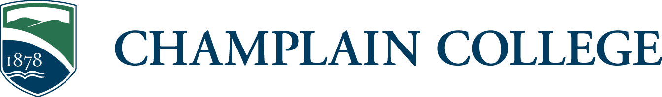 Champlain College logo with a shield featuring a mountain and wave design, and the year 1878, alongside the college name.