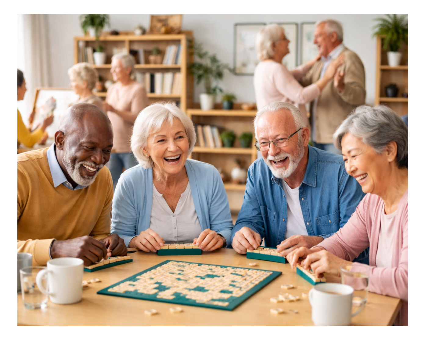 Elderly group playing a crossword puzzle or similar game at a wooden table, smiling and enjoying each other's company, with other seniors dancing or socializing in the background in a cozy room.