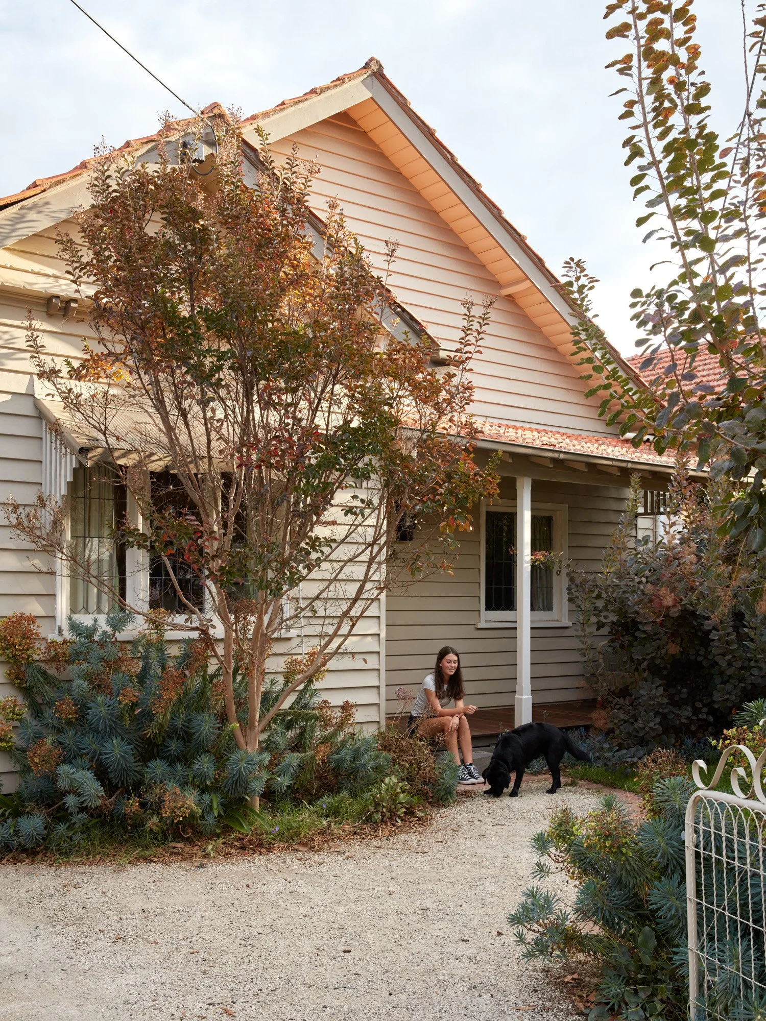 Timber bungalow with seated person and black dog