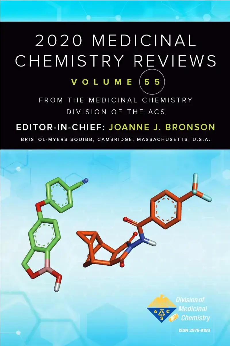 Cover of the 2020 Medicinal Chemistry Reviews, Volume 55, featuring 3D molecular structures of chemical compounds and the logo of the Division of Medicinal Chemistry of the American Chemical Society.