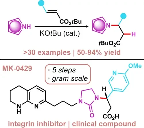 Chemical reaction scheme showing a gerneral aza-Michael reaction, with chemical structures, reaction conditions, yields, and a pharmaceutical compound, MK-0429. Includes text about examples, yield percentages, and the compound's medical application.