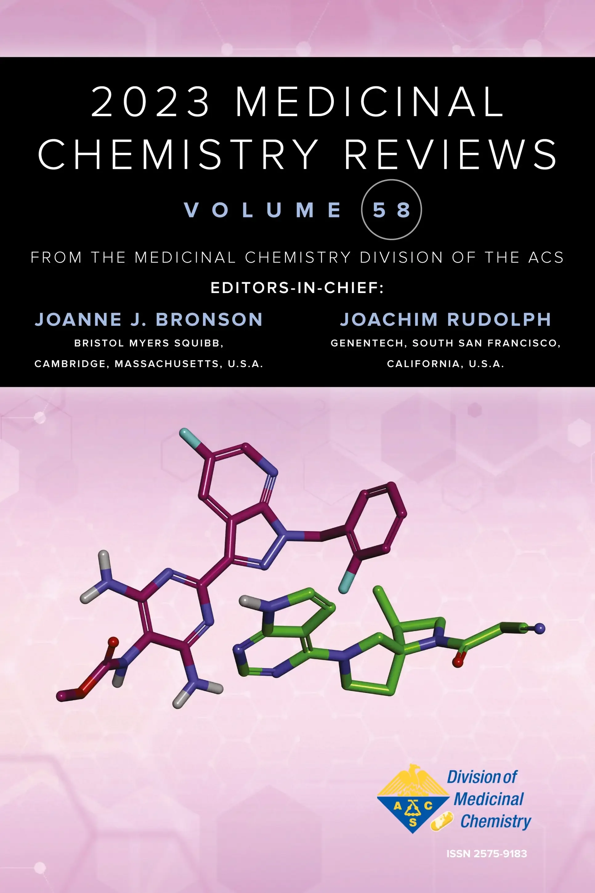 Cover of the 2023 Medical Chemistry Reviews, Volume 58, featuring scientific illustrations of molecules and the division of Medical Chemistry logo.