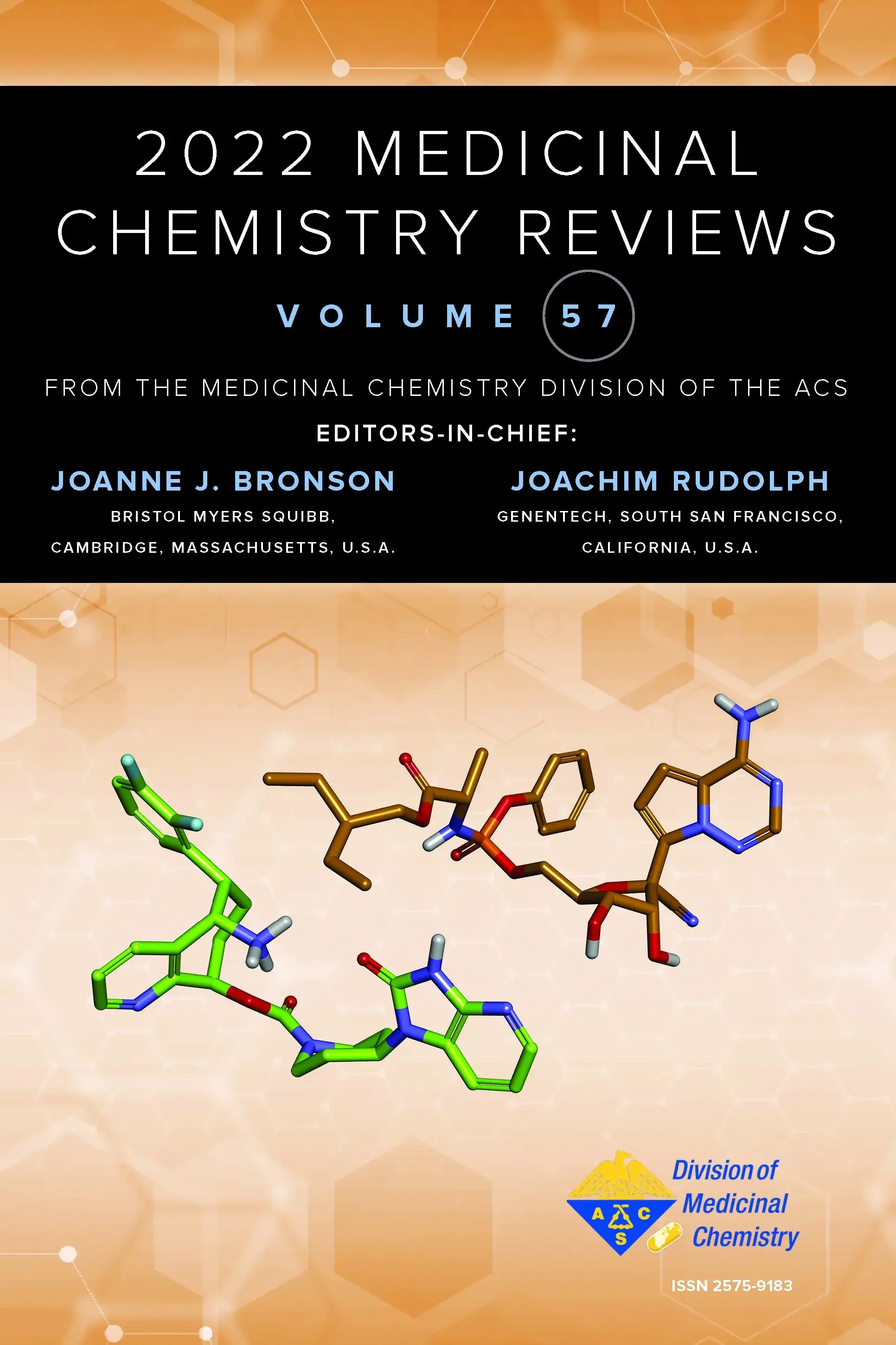 Cover of the 2022 Medicinal Chemistry Reviews, Volume 57, edited by Joanne J. Bronson and Joachim Rudolph. Contains molecular models of chemical structures and the Division of Medicinal Chemistry logo.