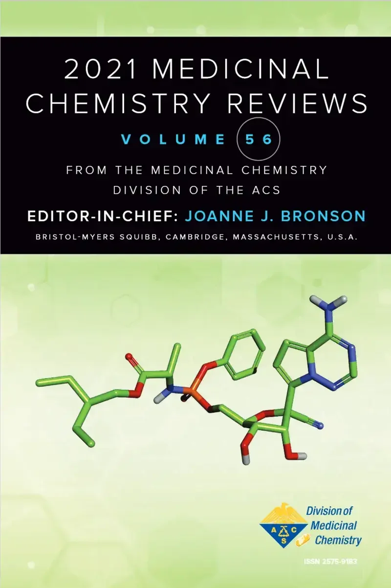 Cover of the 2021 Medicinal Chemistry Reviews, Volume 56, featuring a molecular model on a light green background and the ACS Division of Medicinal Chemistry logo.