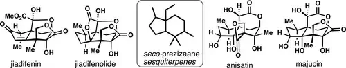 Chemical structures of jiadifenin, jiadifenolide, seco-prezizaane sesquiterpenes, anisatin, and majucin.