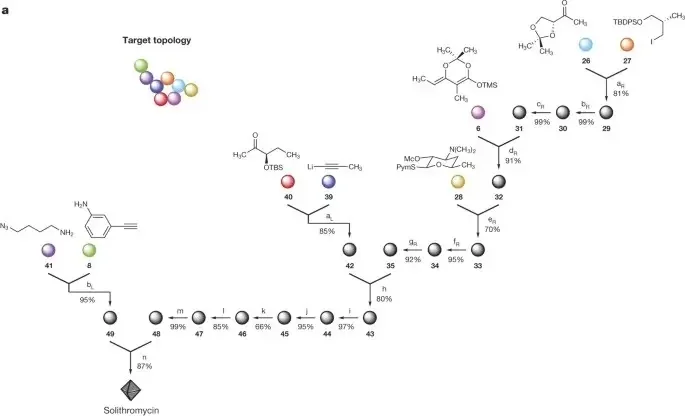 Diagram of a chemical synthesis pathway for fully synthetic macrolides with various molecular structures, reactions, and target topology.