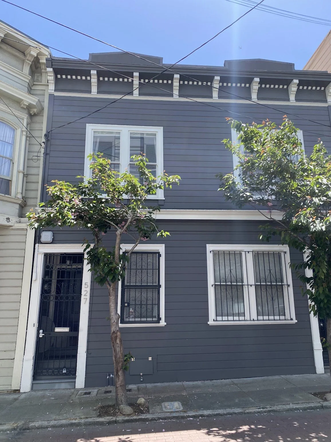 A three-story gray house with white trim, black security bars on the windows, and a black security door. Two trees with green leaves and pink flowers are in front of the house. Overhead power lines are visible against a bright blue sky.