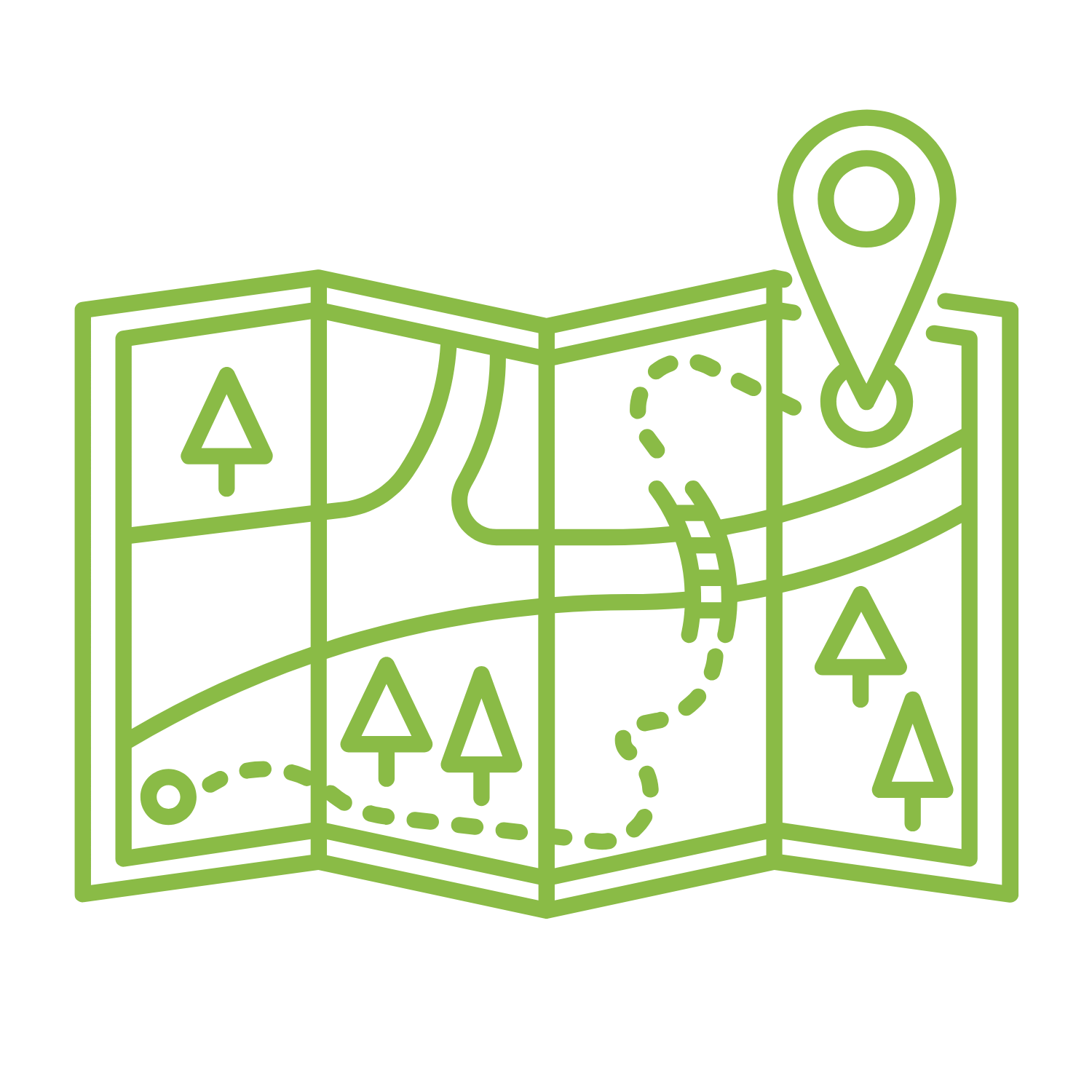 Green outline illustration of a folded map with trees, a dotted trail, and a location pin.