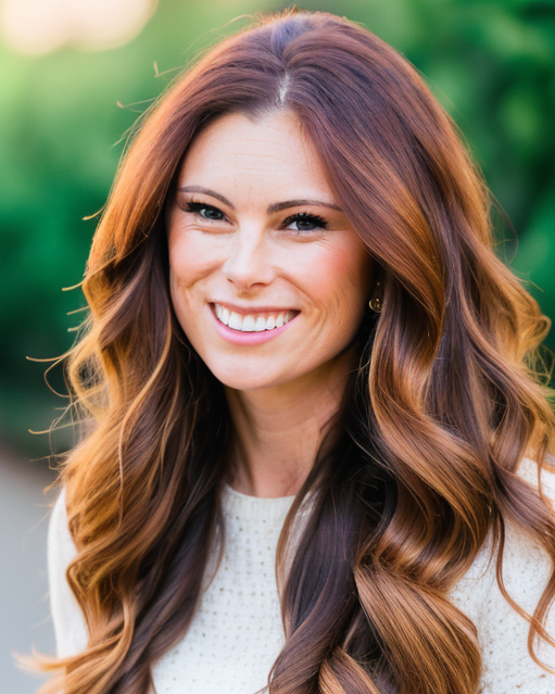 A woman with long, wavy auburn hair smiling outdoors with a blurred green background.