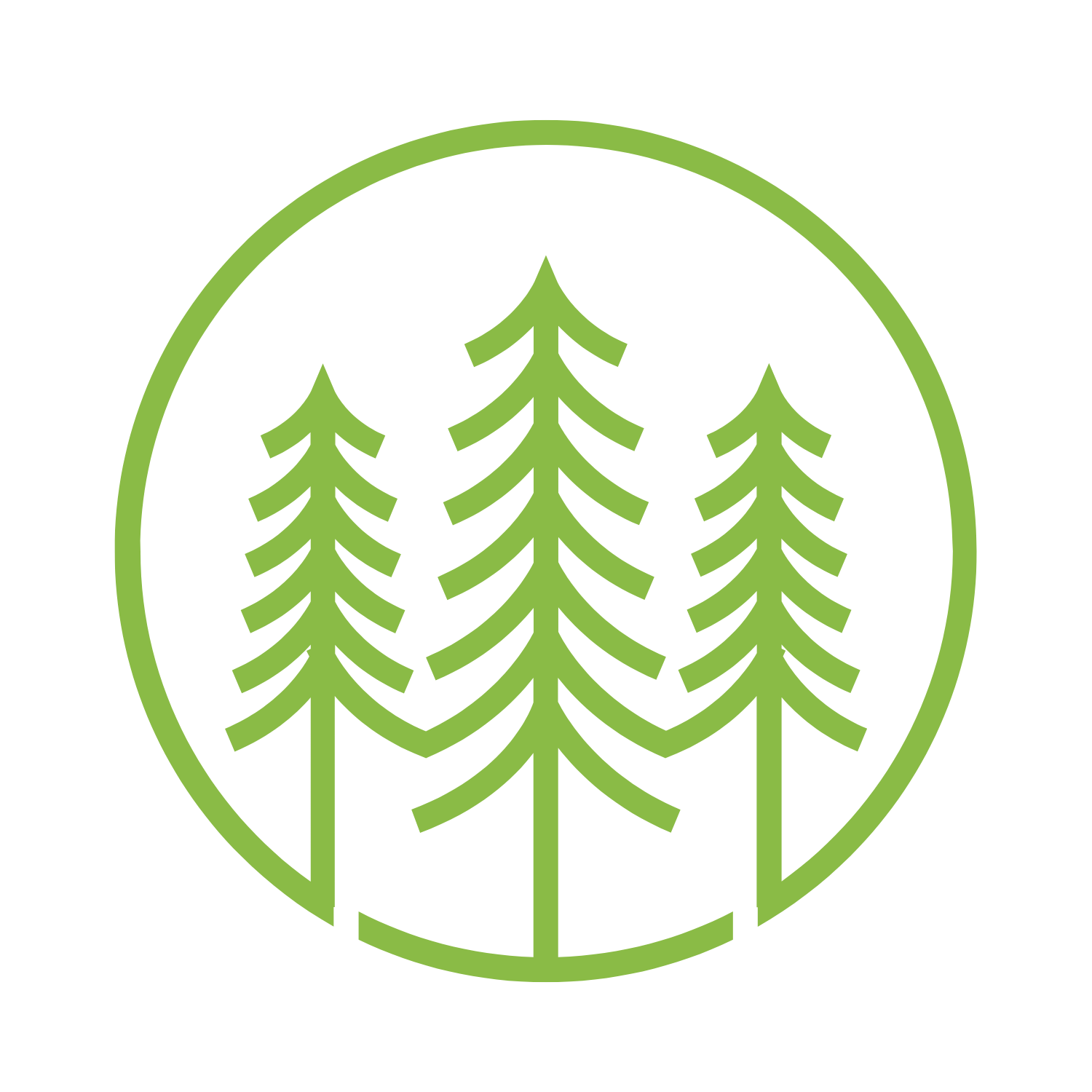 Simplified green line drawing of three evergreen trees inside a circle.