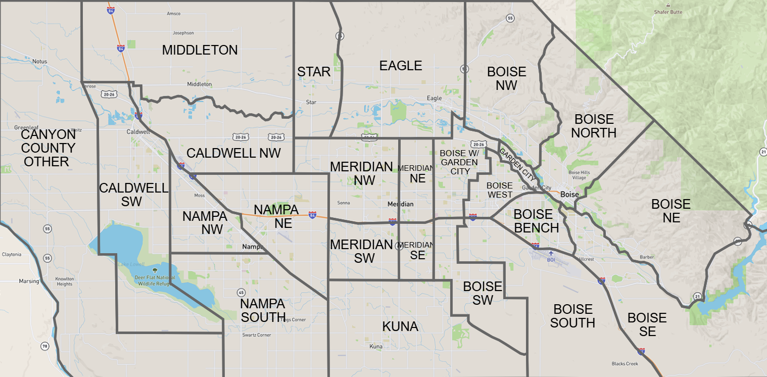 Map of the Boise, Idaho area divided into various neighborhoods and districts, including Middleton, Star, Eagle, Boise North, Boise West, Boise Bench, Boise SW, Boise SE, Kuna, Meridian SW, Meridian NW, Caldwell NW, Caldwell SW, Nampa NW, Nampa South, and Canyon County Other, with roads and natural features.