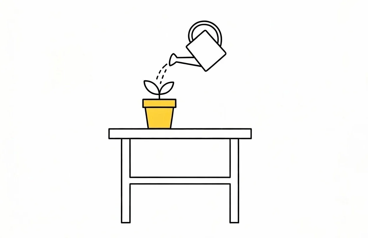 A simple line drawing of a small yellow flower pot on a table. A watering can is pouring water onto the plant.
