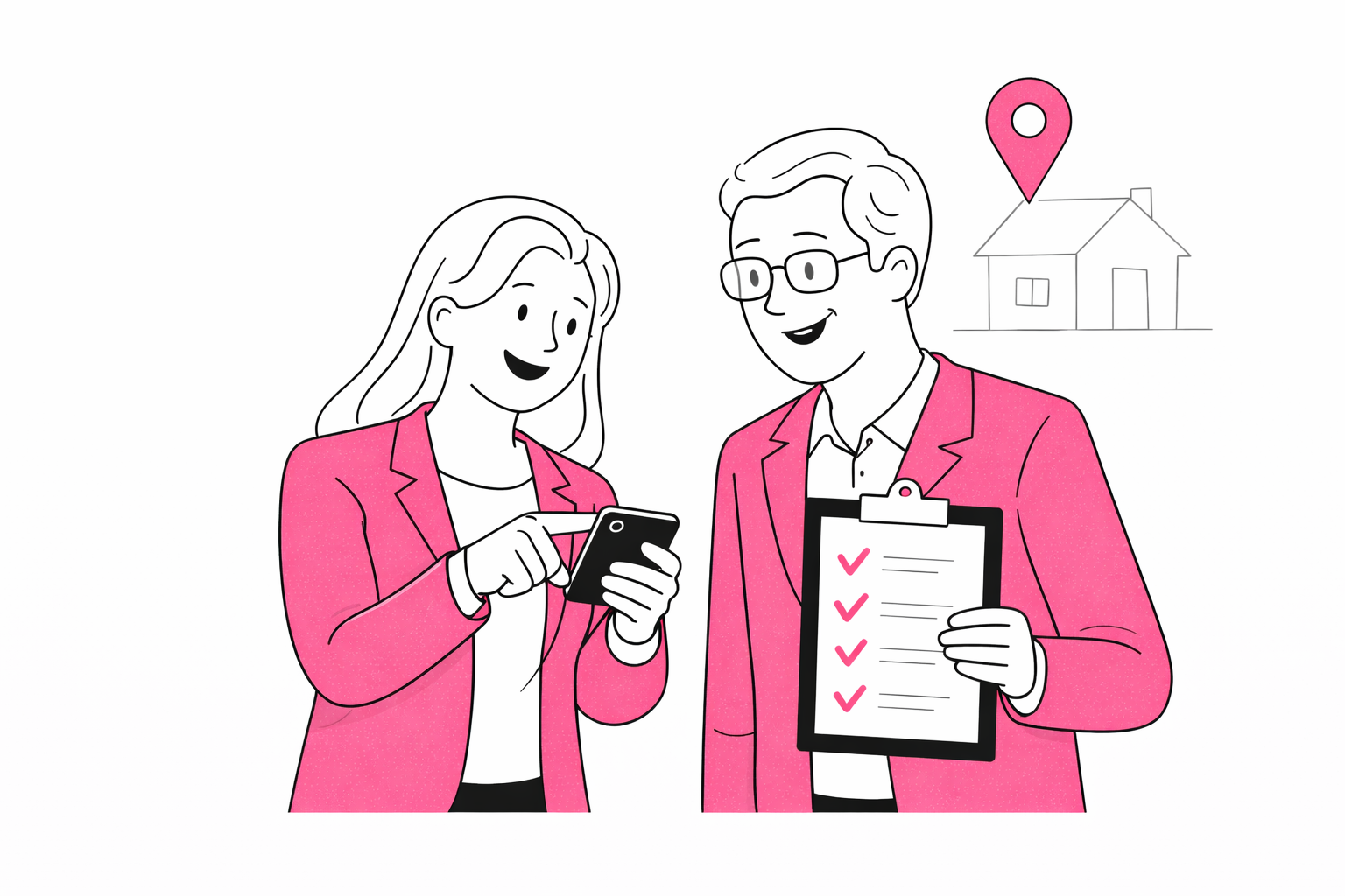 Two real estate agents, a woman and a man, wearing pink jackets, are smiling and discussing a property. The woman is pointing at her phone, while the man is holding a clipboard with checked items. There is a house with a location pin above it in the background.