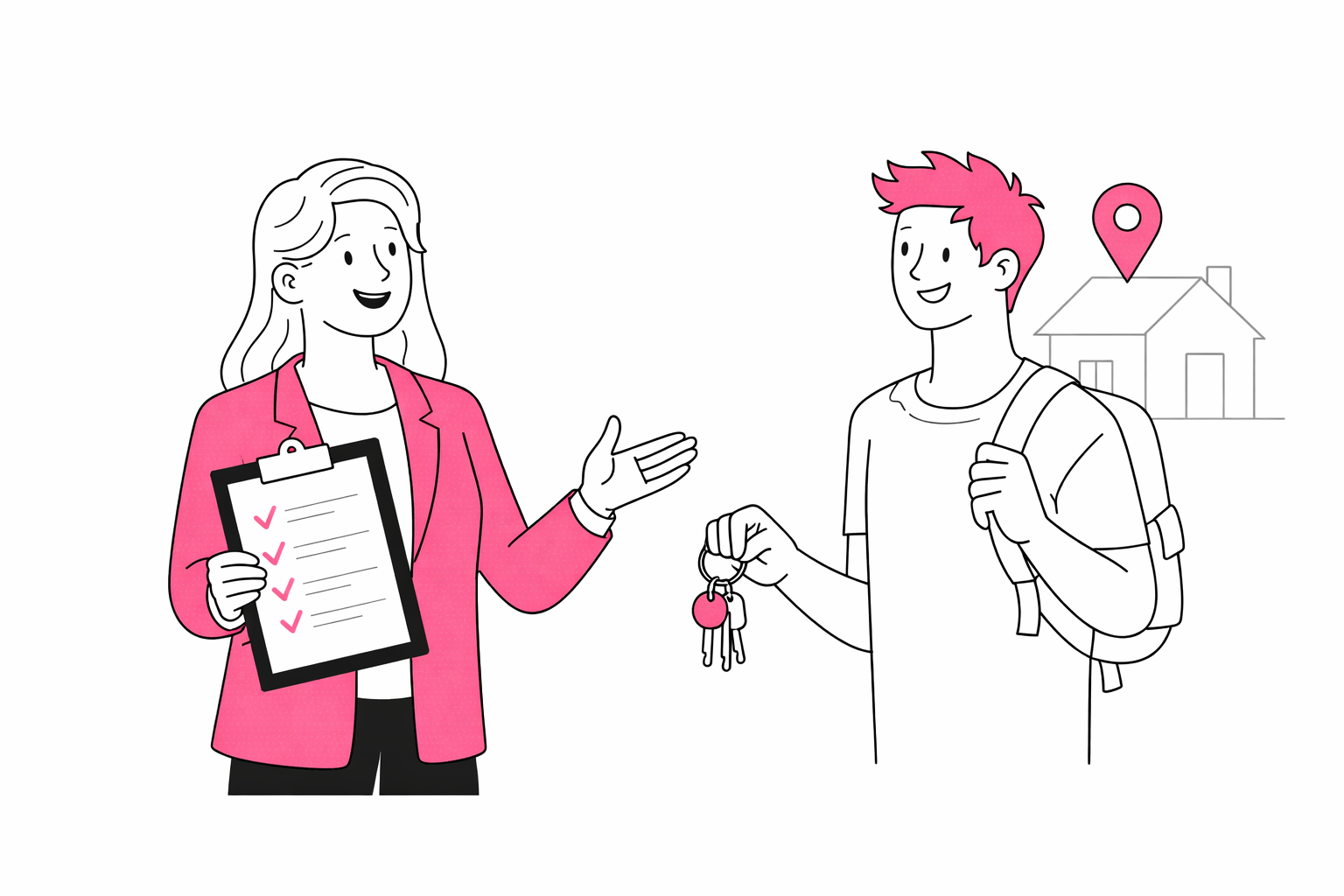 A woman with long hair, dressed in a pink blazer, holding a checklist, talks to a young man with short pink hair, wearing a backpack, who is handing over keys, with a house and location pin in the background.
