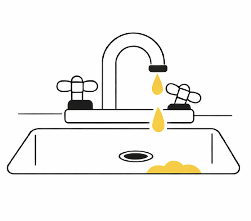 A black and white line drawing of a kitchen sink with two faucets, one on each side, and yellow drops of water falling from a central faucet into the sink, which has some yellow bubbles or soap in it.