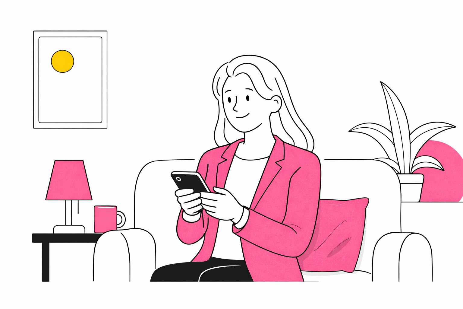 Line drawing of a woman sitting on a sofa, wearing a pink blazer and using a smartphone. There is a pink lamp, a pink mug, a plant, and a framed picture of the sun on the wall in the background.