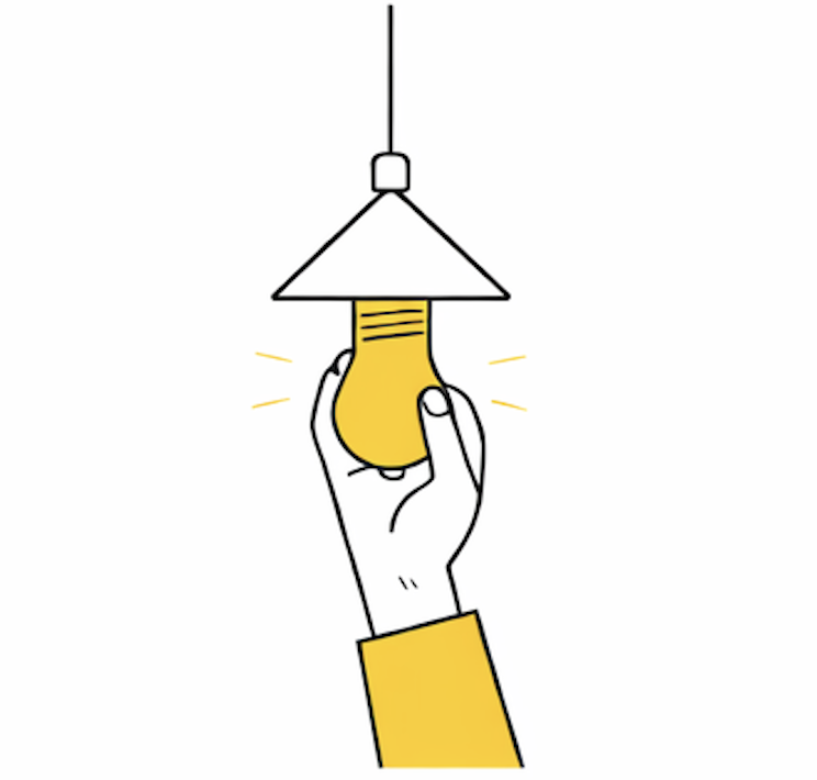 Hand holding a lit yellow light bulb hanging from a ceiling fixture.