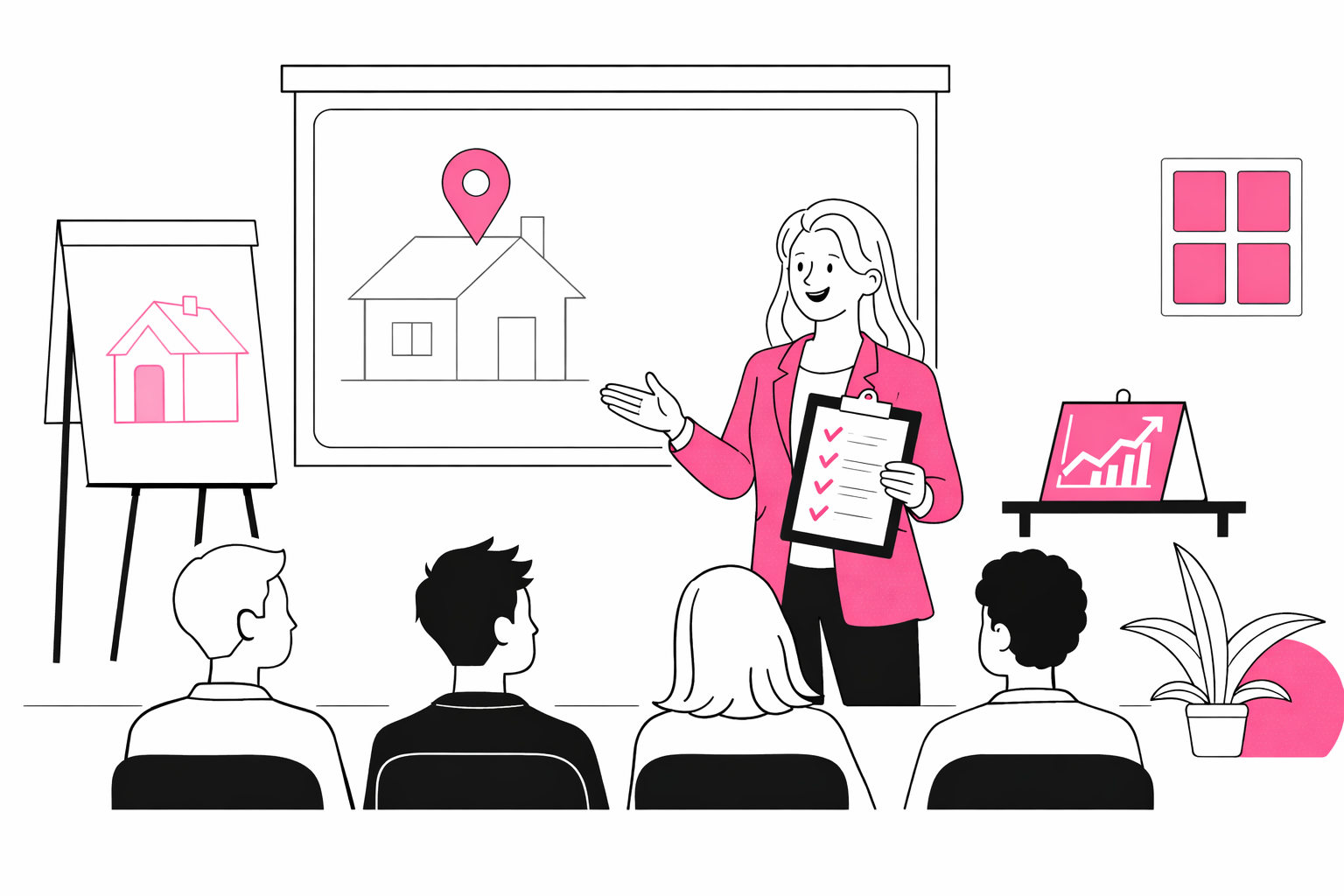 A woman presenting a house to an audience during a real estate seminar. She is holding a clipboard with checkmarks. The room has a house diagram on a flip chart, a large screen showing a house with a location pin, a small window, a potted plant, and a chart with an upward trend.