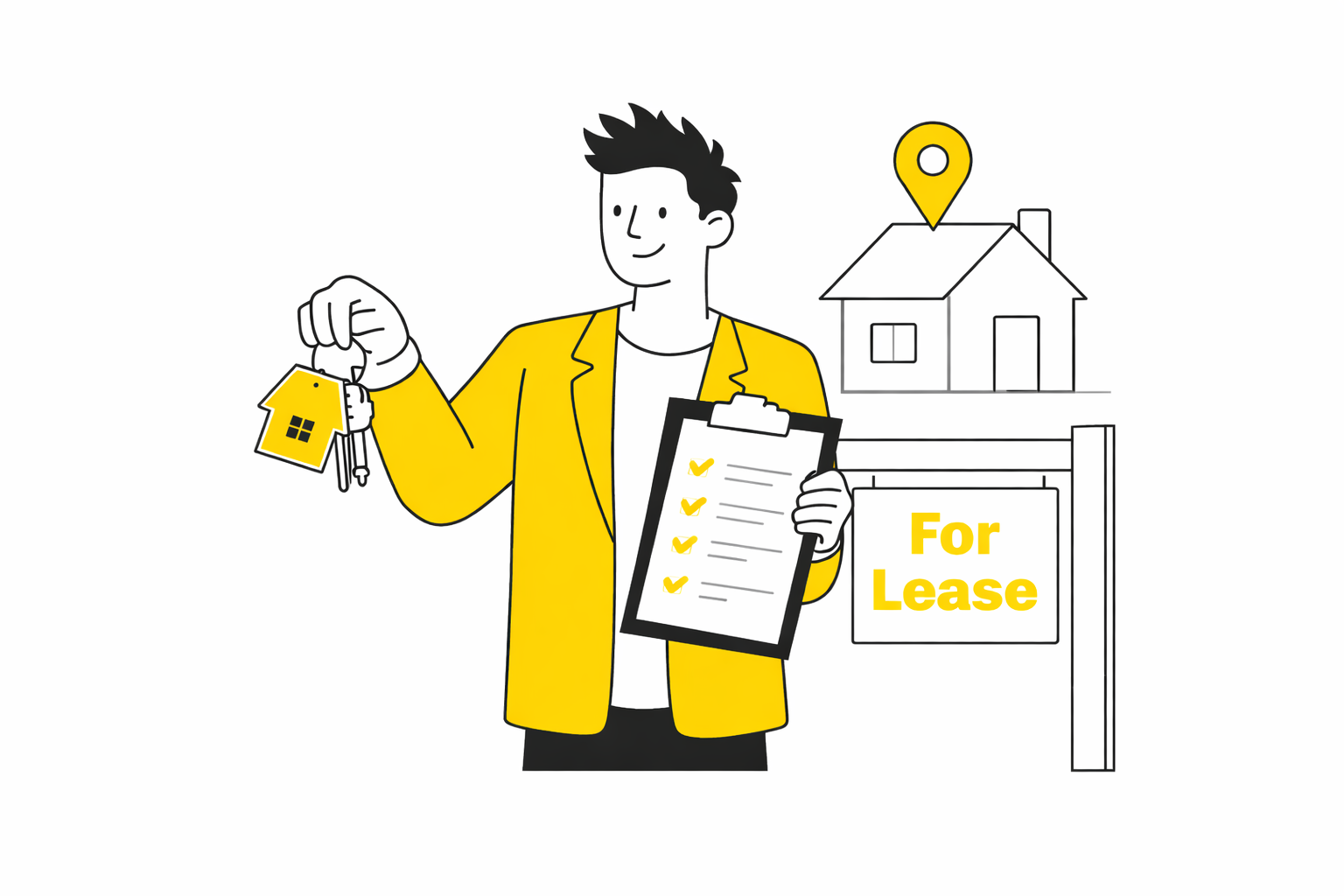 A man in a yellow blazer holding house keys and a clipboard with checkmarks, standing in front of a house with a 'For Lease' sign.