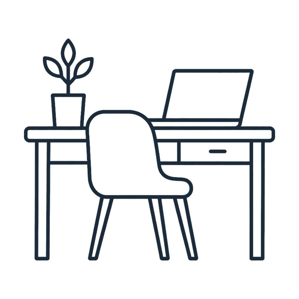 Outline drawing of a home office with a desk, a chair, a laptop, and a potted plant.