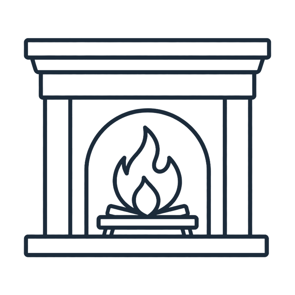 Line drawing of a fireplace with a fire burning inside.
