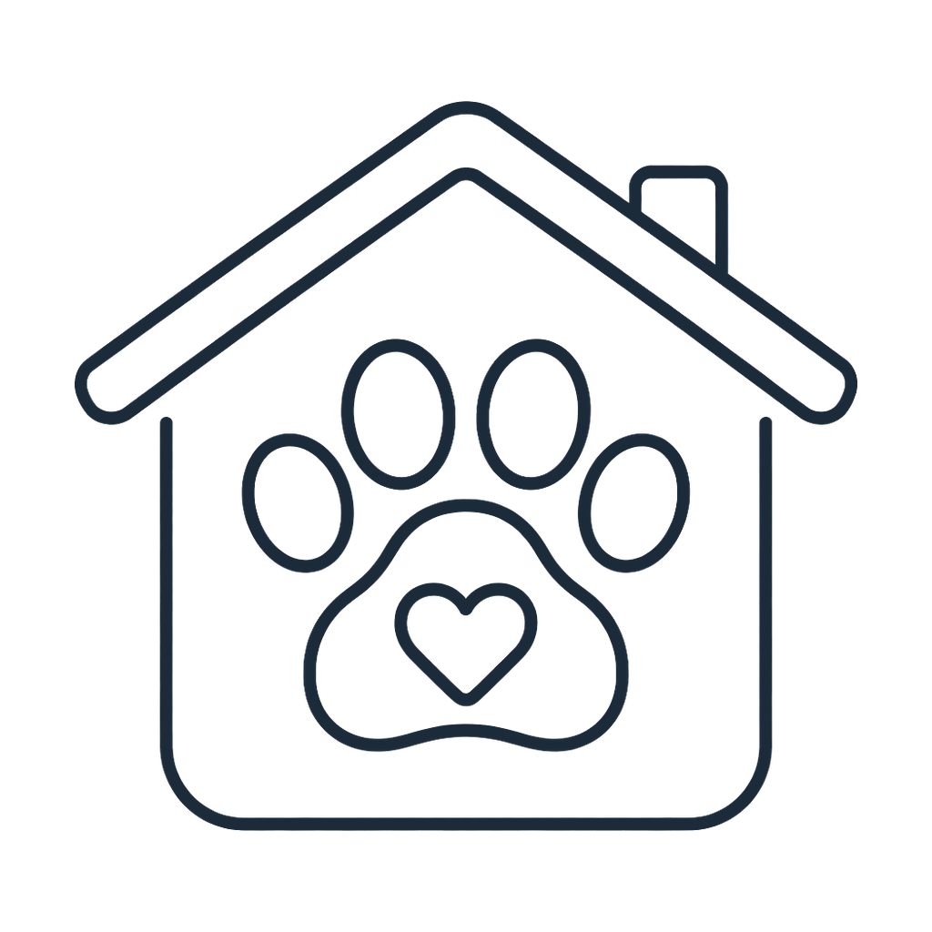 Outline drawing of a dog house with a paw print and a heart on the door.