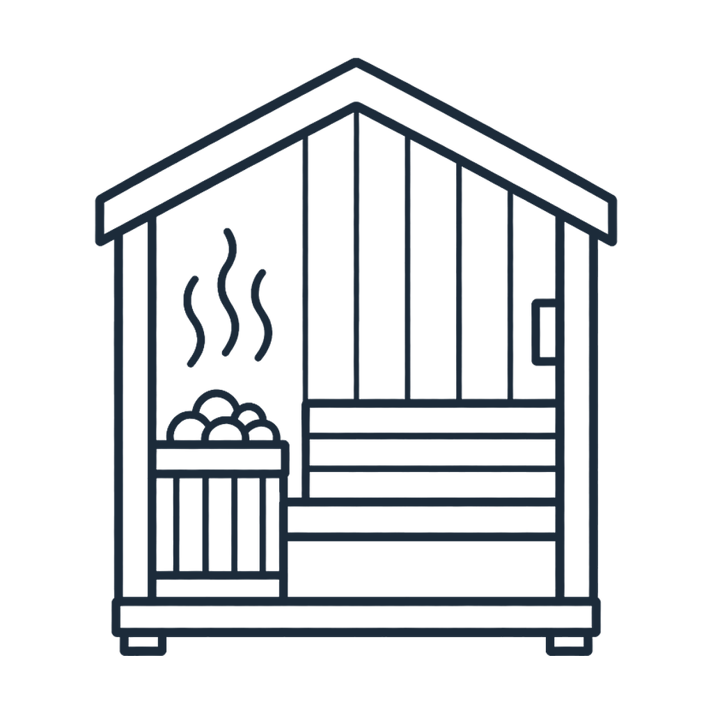 Outline drawing of a traditional dry sauna with a door, wooden bench, and a heater with stones and steam inside.