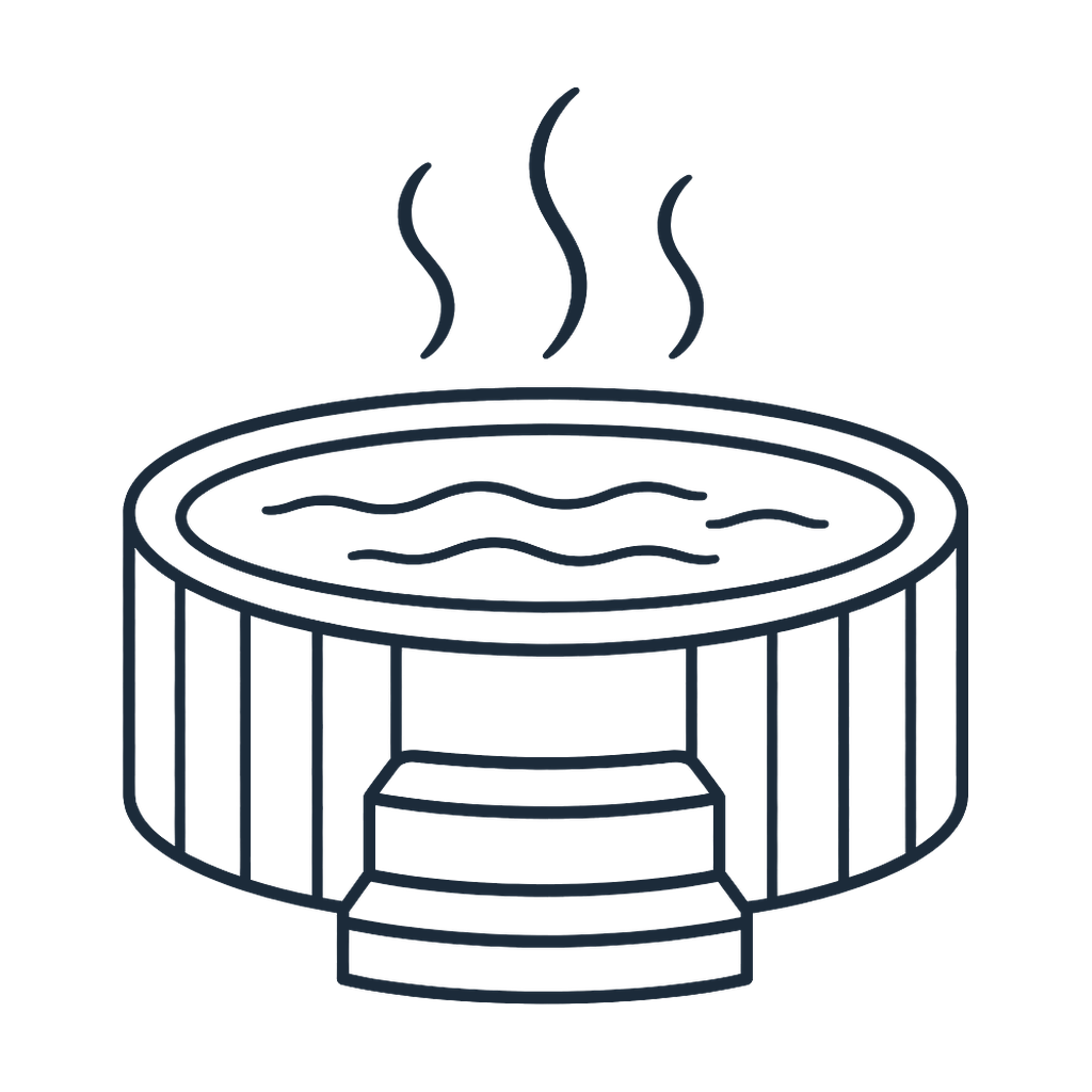 Line drawing of a steaming hot hot tub with a set of stairs leading up to it.