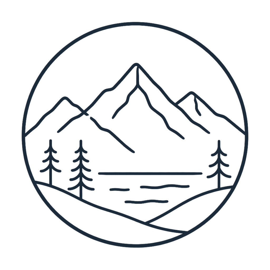 Minimalist line drawing of mountains, trees, and a lake enclosed in a circle.
