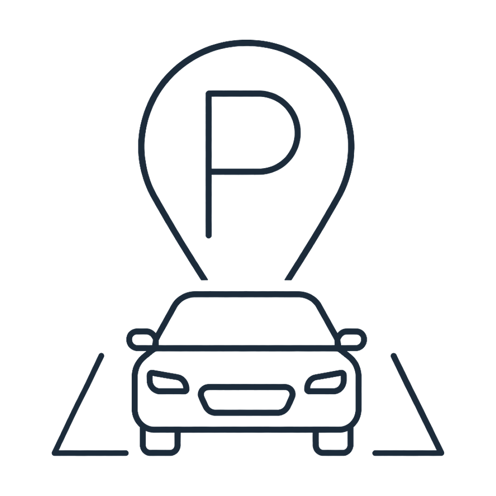 Line drawing of a parking lot with a car and a parking sign with a P inside a location marker.