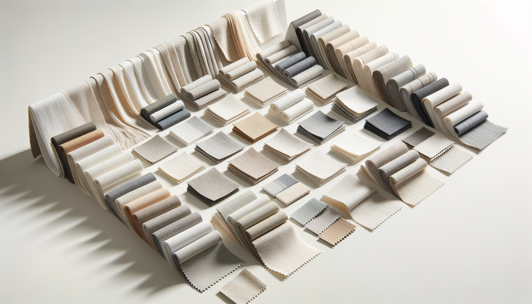 Display of various fabric swatches, samples, and rolled fabrics in neutral tones on a white surface with shadows.