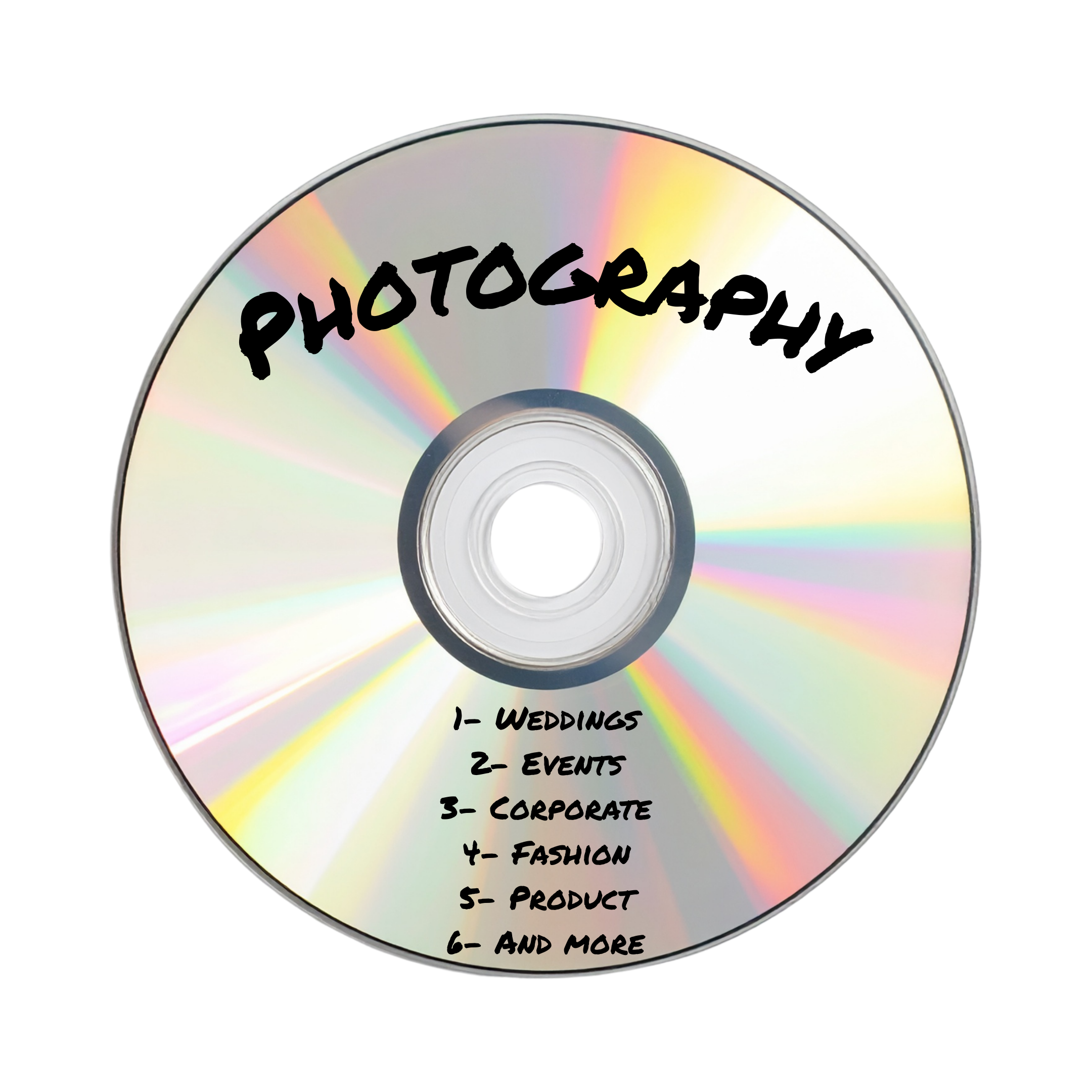 CD labeled “Photography” with handwritten list of services