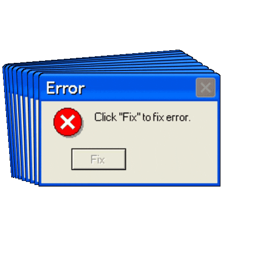 Series of computer error message windows with a red X icon and a "Fix" button.