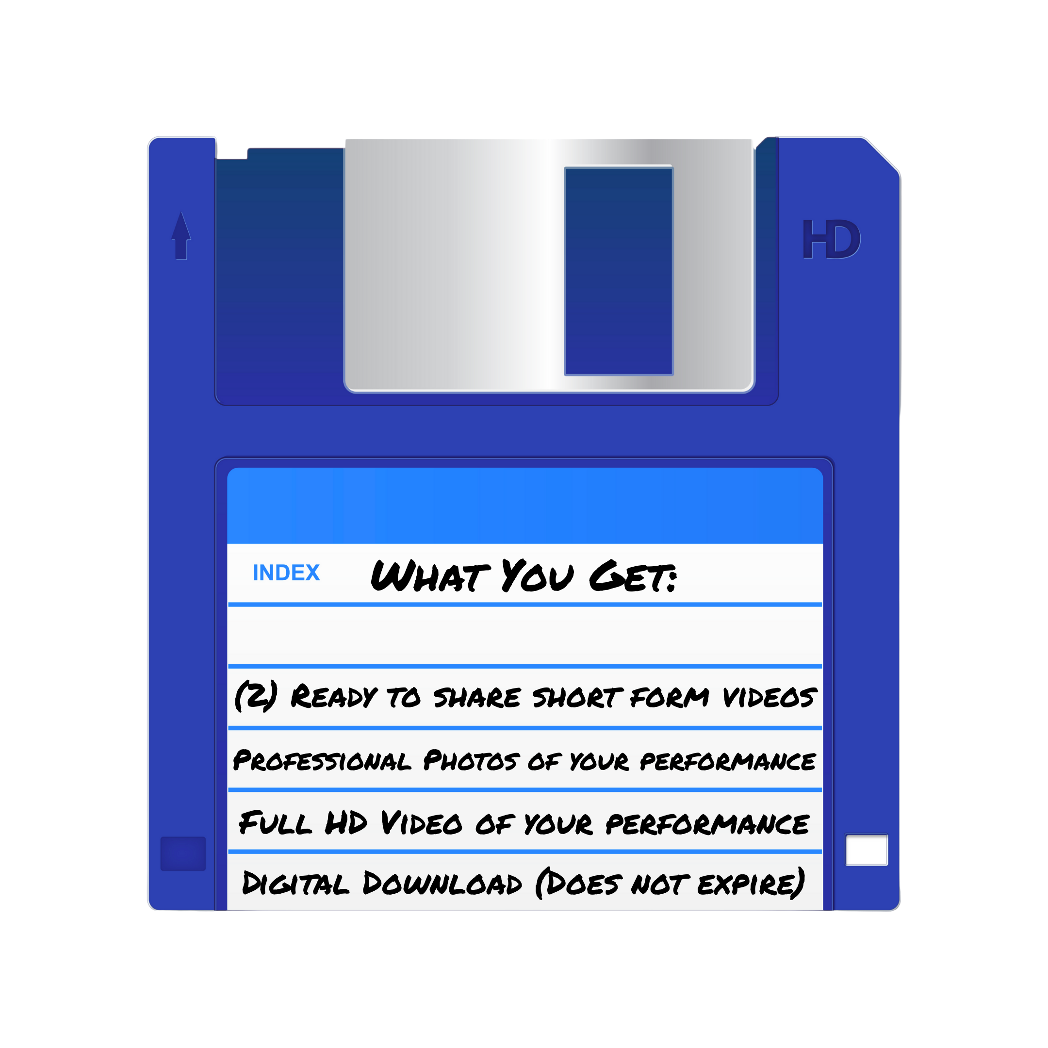 Blue floppy disk with a label reading 'What You Get:' listing digital content, including short form videos and photos, and noting digital download does not expire.