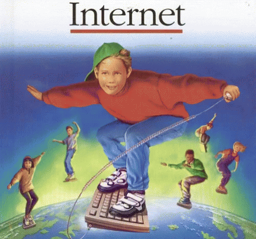 Child wearing green hat skating on a keyboard with a world map background, surrounded by kids on skateboards and rollerblades, with the word 'Internet' at the top.