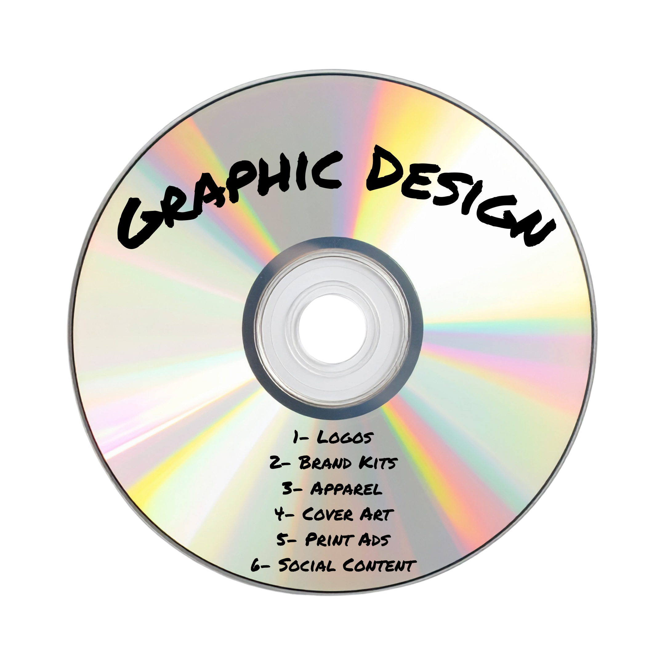 CD labeled "Graphic Design" with handwritten list of services
