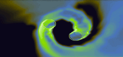 Abstract digital swirl with glowing green and blue colors