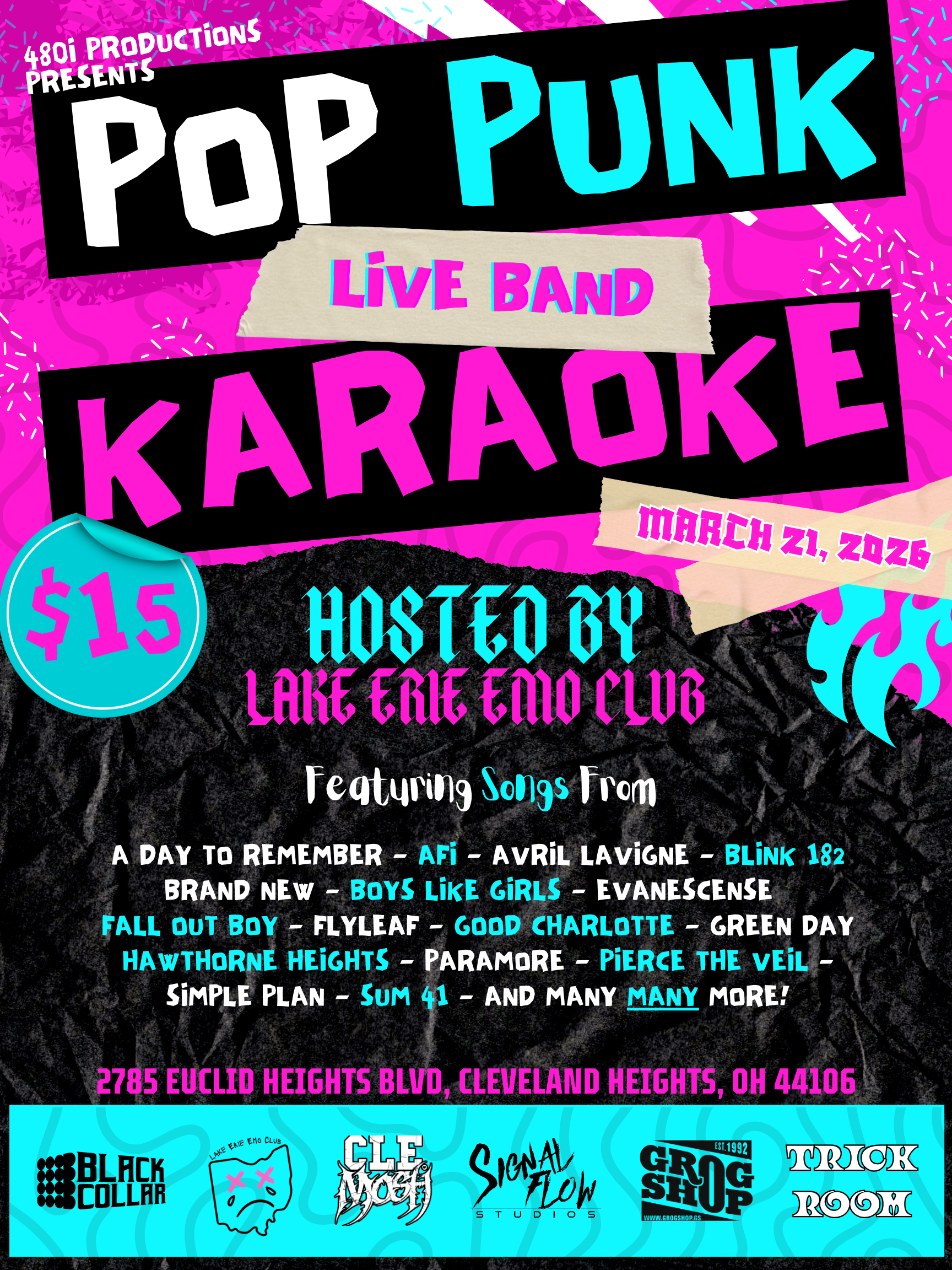 Bright pink and black poster advertising a pop punk karaoke live band event on March 21, 2026, hosted by Lake Erie Emo Club, with a list of featured songs and a location at 2785 Euclid Heights Blvd, Cleveland Heights, Ohio. The poster includes logos of various sponsors at the bottom.