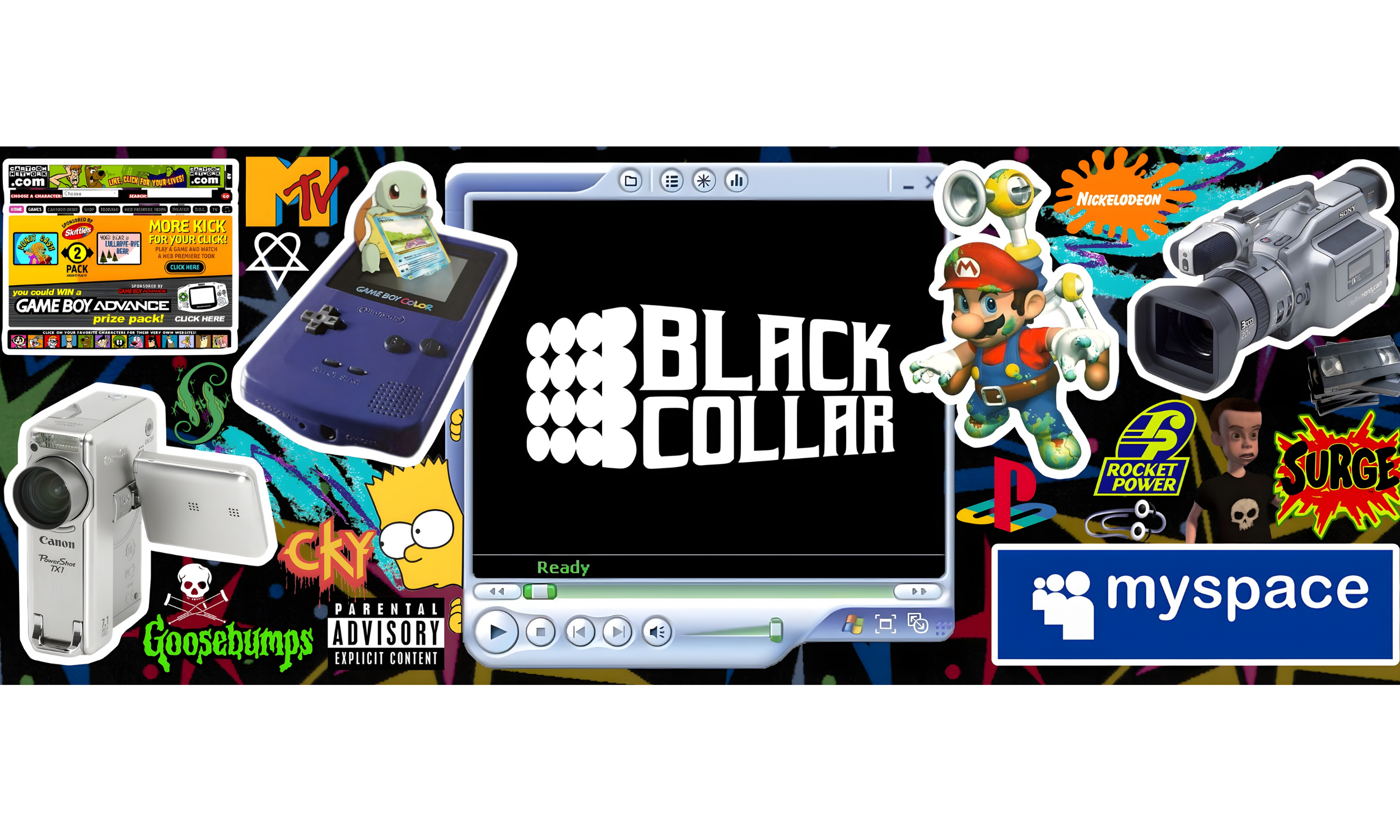 Collage of retro video game graphics, characters, and logos including Nintendo Game Boy Color, Super Mario, Sonic the Hedgehog, and MySpace, with other gaming devices and branding elements.