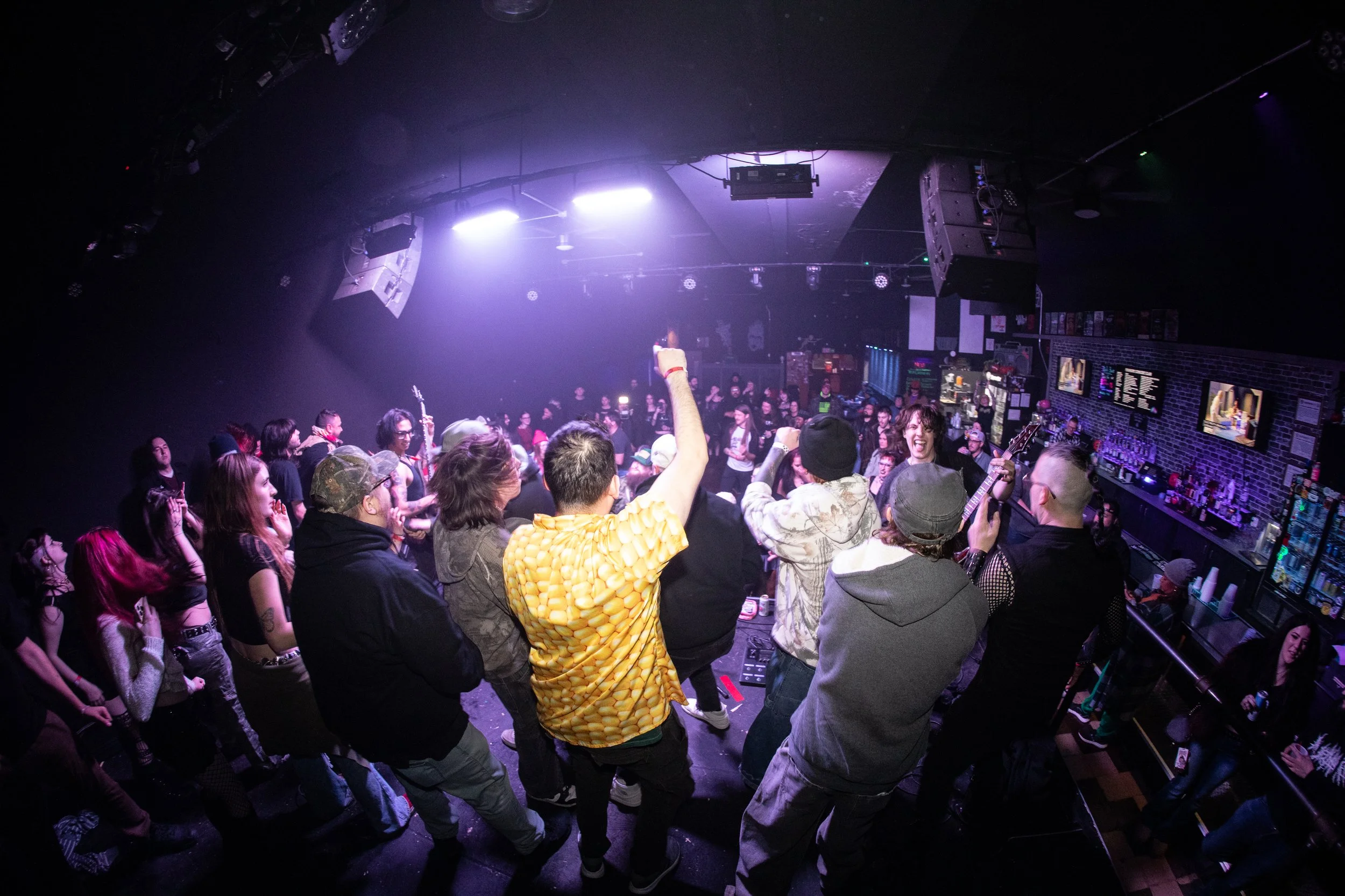 Crowd dancing and enjoying live music at a concert or nightclub with purple lighting.